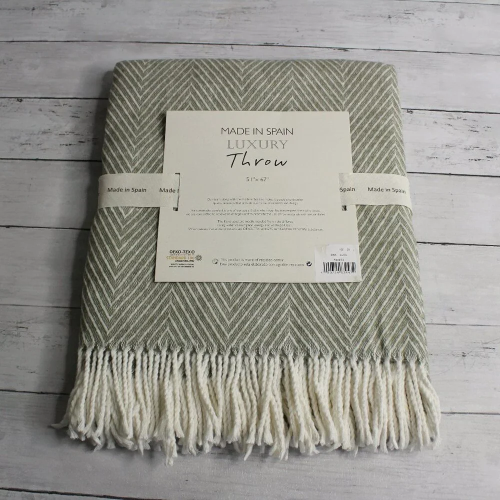 Made in Spain Throw Blanket Olive Green Cream Herringbone Fringe Cotton Blend